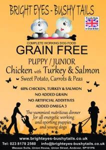 Bright Eyes Bushy Tails Grain Free Puppy Junior Chicken Turkey Salmon Sweet Potato with Carrots and Peas Working Dog